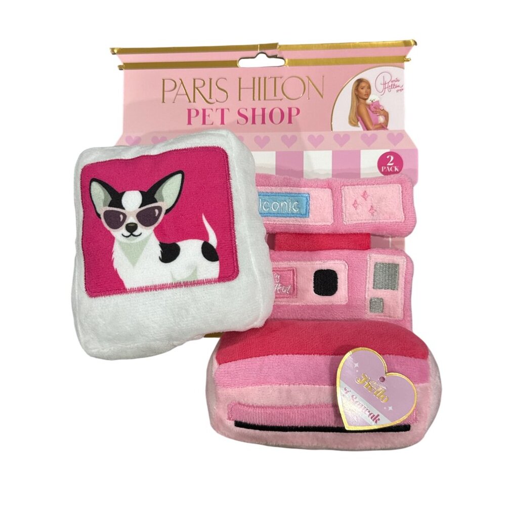 Paris Hilton Pet Shop 2-Pack Plush Dog Toys With Squeaker & Crinkle Pink & White